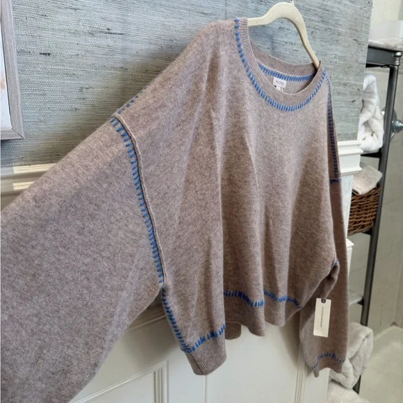 NWT new large Anthropologie pilcro Alani whipstitch cropped cashmere sweater tan - Picture 10 of 17